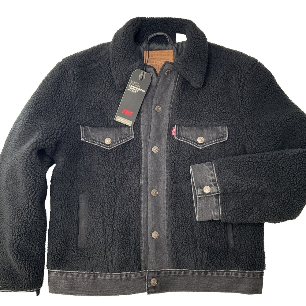 Levis Trucker Jean Jacket Women Sz XS Sherpa Ex-Boyfriend Ecovero Black NWT $128